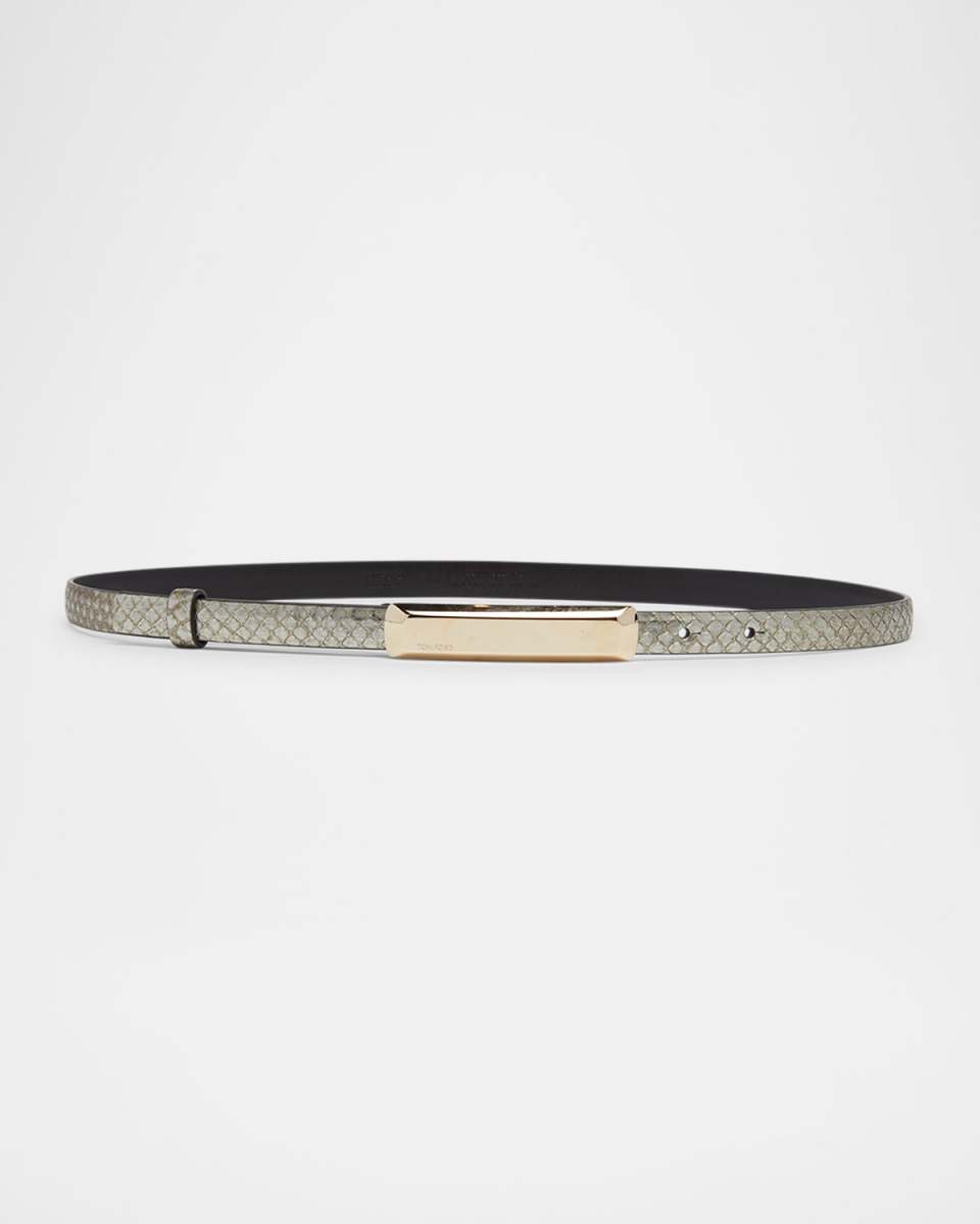 Bar Snake Leather Skinny Belt